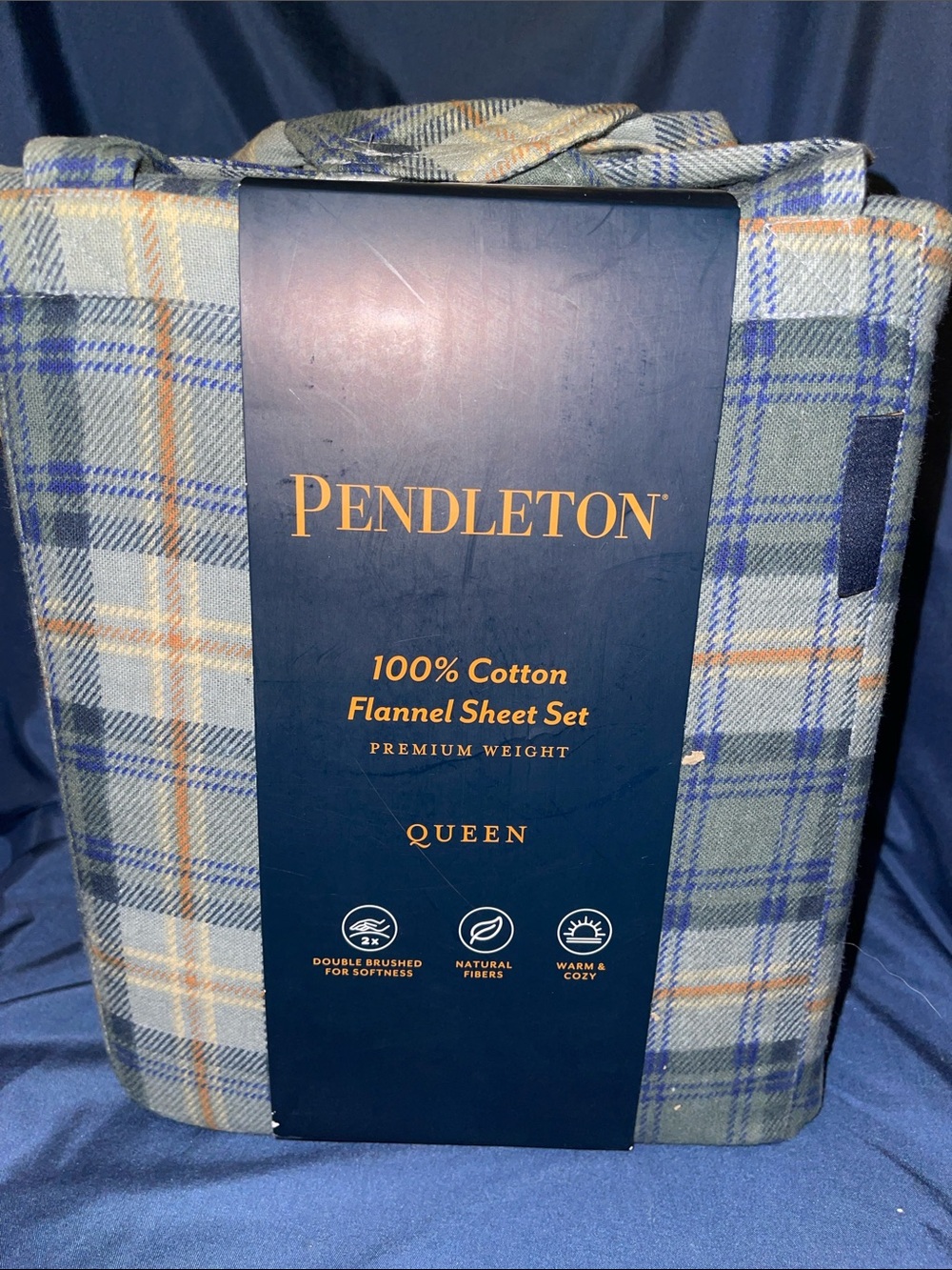 Pendleton Blue and Tan Plaid Cotton Flannel Sheet Set